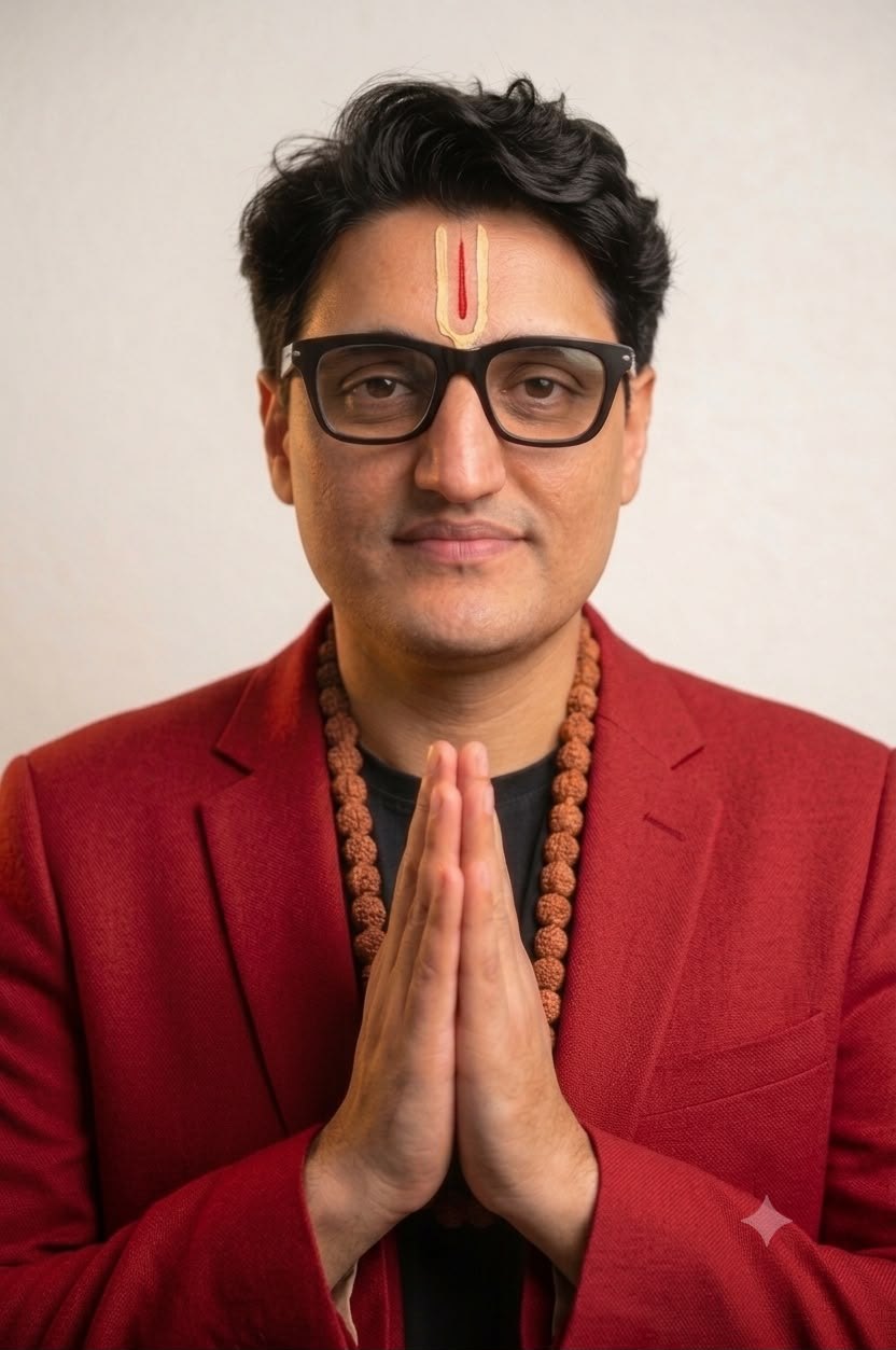 Rajiv Kumar Mehta, Jyotish Acharya, in a red jacket with a rudraksha mala, hands folded in namaste